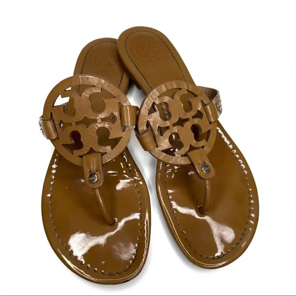 ❎ SOLD Tory Burch Miller Sandals Patent Leather Tan Brown Size 9 - Picture 14 of 14